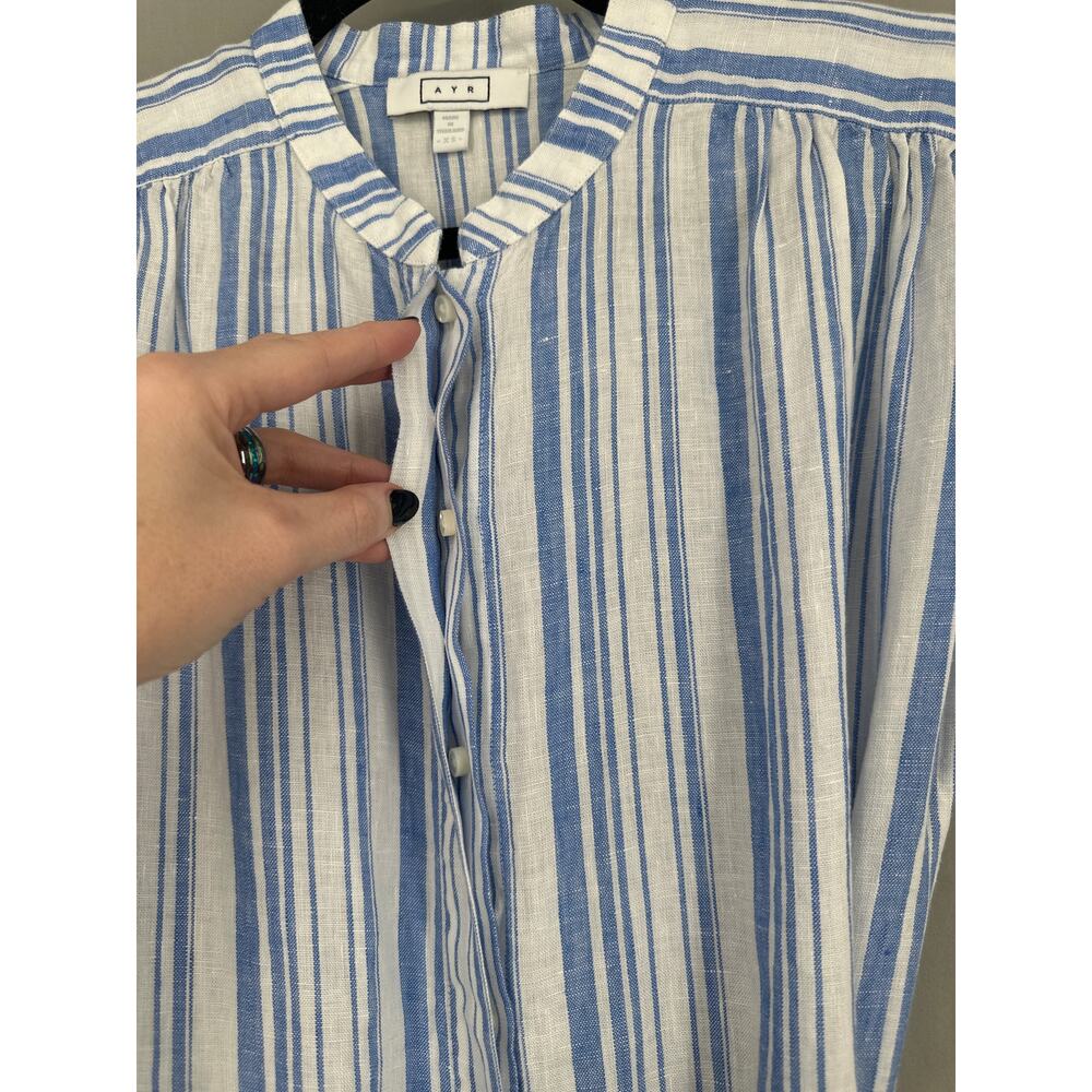 AYR Dress Womens XS Blue Striped Maxi Linen Button Tie Front Pockets Coastal - Picture 5 of 8